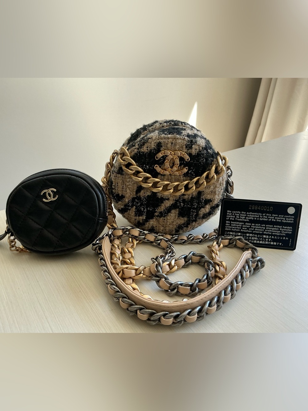 Authentic Chanel 19 Round Clutch On Chain Tweed Lambskin Coin Purse 2-in-1 Bag